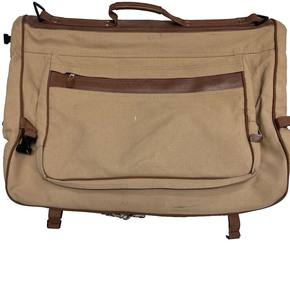 #9069 Vintage 90's Ford Eddie Bauer Khaki Canvas Leather Garment Bag Luggage